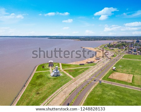 Aerial view of Encarnacion in Paraguay overlooking the San Jose beach.