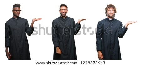 Collage of christian priest men over isolated background smiling cheerful presenting and pointing with palm of hand looking at the camera.