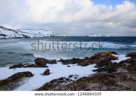 Russian Arctic View, North. Sky with clouds and blue sky reflection in water with waves and snow mountains background with stones grass foreground. Picturesque landscape view, nature scenery beauty
