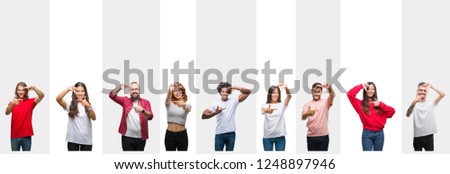 Collage of different ethnics young people over white stripes isolated background smiling making frame with hands and fingers with happy face. Creativity and photography concept.