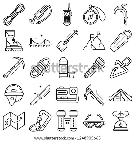 Mountaineering equipment icon set. Outline set of mountaineering equipment vector icons for web design isolated on white background