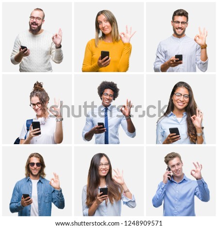 Collage of group of young people using smartphone over isolated background doing ok sign with fingers, excellent symbol