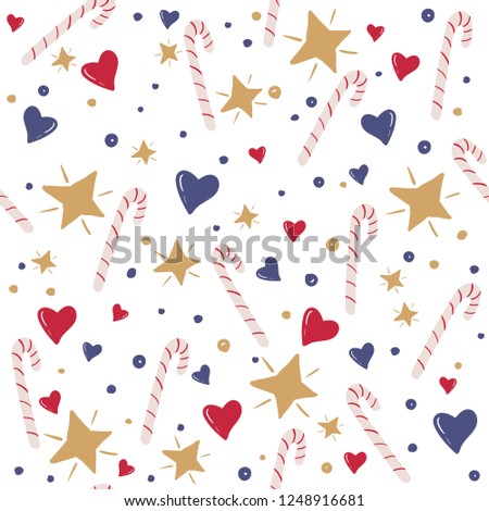 Vector seamless pattern with set of decorative holiday and christmas elements (hearts, stars, candy) in gold, red and blue. Vector illustration on white background