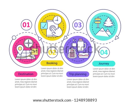 Travel organization vector infographic template. Trip planning. Presentation design elements. Data visualization with four steps and options. Process timeline chart. Workflow layout with linear icons