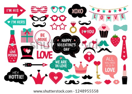 Valentine's Day photo booth props vector set. I love you.  Heart, hat, glasses, arrow, lips, funny quotes about love and other elements for photo. Photobooth stickers for valentine's celebration. 