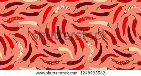 Clean easy going pepperoni peppers pattern, seamless vector repeat on plain warm background. Trendy flat illustration style. Great for textiles, paper and other surfaces.
 Royalty-Free Stock Photo #1248993562