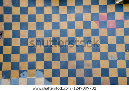 Yellow and Blue Checkered Floor Tiles, background, texture