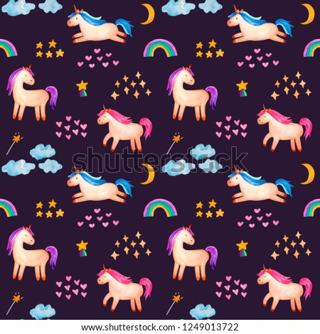 Seamless pattern. Cute watercolor unicorn isolated on violet
 background. Beautiful watercolor unicorn illustration. Magic trendy pink cartoon horse perfect for nursery print and poster design. 