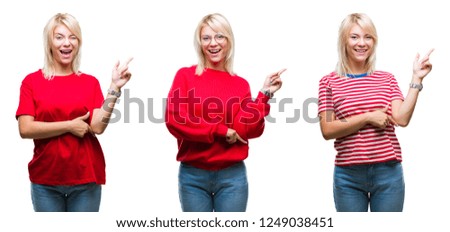 Collage of beautiful blonde woman wearing casual red over isolated background with a big smile on face, pointing with hand and finger to the side looking at the camera.