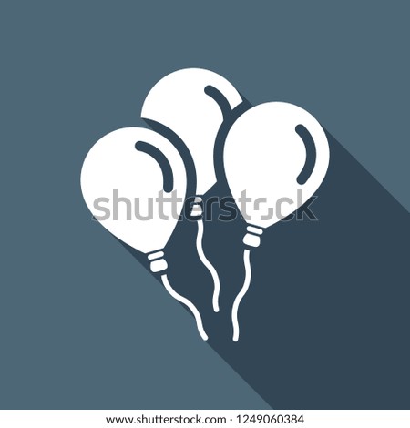 Air balloons, simple icon. Sign of celebration. White flat icon with long shadow on blue background
