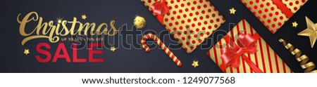 Christmas sale horizontal discount banner design template typography, hanging stars, ball and gifts decoration for flyers, poster, web and card vector illustration