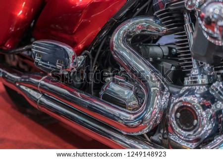 Close up view of a shiny motorcycle engine. vintage close up of motorcycle exhaust, noise.