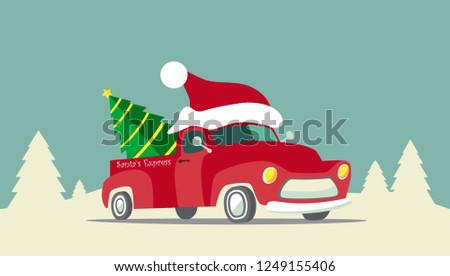 Red truck with Christmas tree.Cartoon flat style vector illustration.  