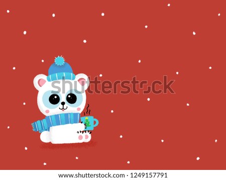 Cute polar bear with scarf and hat holding a cup. Children book character illustrated on a winter snowing background with free space for your decoration. Merry Christmas and Happy New Year.
