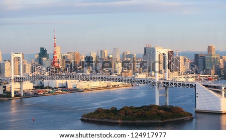 Skyline of Tokyo as seen from Odaiba at sunrise.