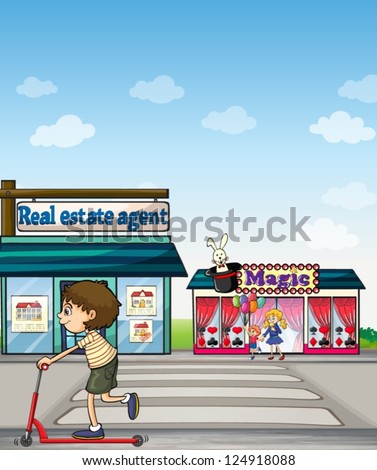 Illustration of a boy riding a scooter in the street near a real estate office and a magic shop