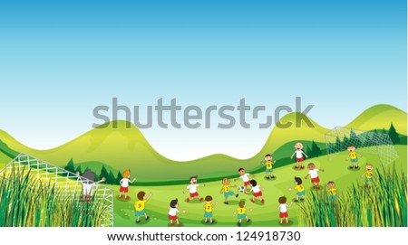 Illustration of children playing on an open field on a sunny day.