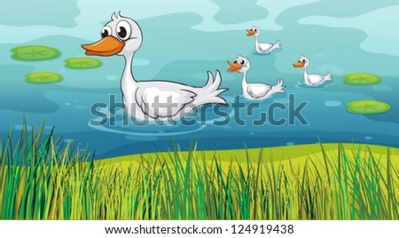 Illustration of a mother duck being followed by the little ducks