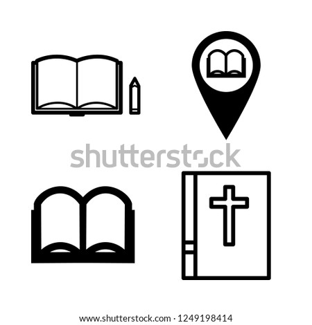 literature icon set about library pin, open book icon, book and bible vector set