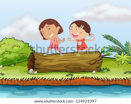 Illustration of two children playing on top of a log