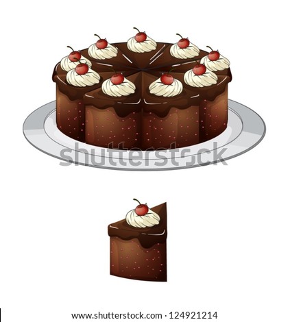 Illustration of a chocolate cake and a slice with cherries on top on a white background