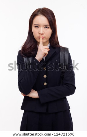 Young Asian student showing calm sign  isolated on white background.