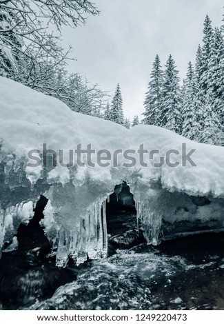 Frozen stones on the miracle river. Location Carpathian mountain, Ukraine, Europe. Alpine ski resort. Exotic wintry scene. Great winter wallpaper. Happy New Year! Discover the beauty of world.