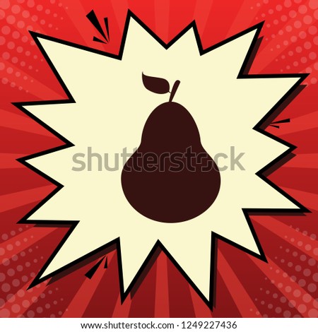 Pear sign illustration. Vector. Dark red icon in lemon chiffon shutter bubble at red popart background with rays.
