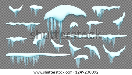Big set of realistic snow caps, icicles, snowball and snowdrift isolated over white background. Design template for winter and christmas. Vector illustration. Royalty-Free Stock Photo #1249238092