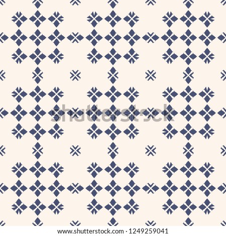 Vector abstract geometric texture. Blue and white seamless pattern with flower silhouettes, diamond shapes, stars, crosses, grid, net, lattice. Elegant repeated background. Stylish minimalist design