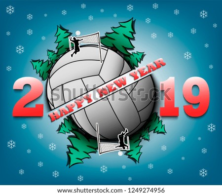 Happy new year 2019 and volleyball ball with Christmas trees on an isolated background. Volleyball player hits the ball. Design pattern for greeting card. Vector illustration