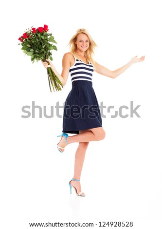 gorgeous young woman with roses on white background