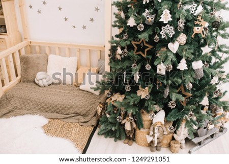 Christmas decoration home interior or office. decor and props for Christmas photo shoot. toys and boxes for gifts. desktop Wallpaper and holiday cards