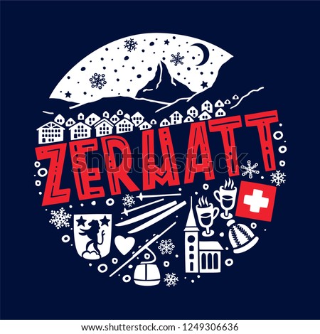 Colorful flat vector illustration of Zermatt. Round winter pattern with the main symbols of Zermatt with isolated elements. Can be used as a sticker, print for t shirts, posters, cards, articles