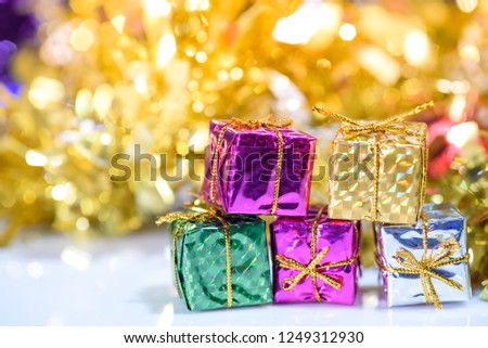 Blur backgound, Santa Claus Gift Box And colorful ribbons. Prepare for decorations during Christmas and New Year.