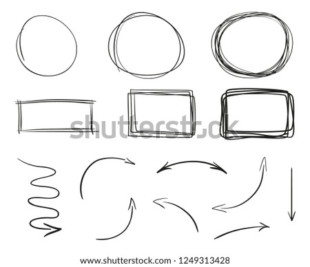 Hand drawn lines on isolated background. Chaotic geometric shapes with hatching. Wavy tangled arrows. Black and white illustration. Elements for posters and flyers