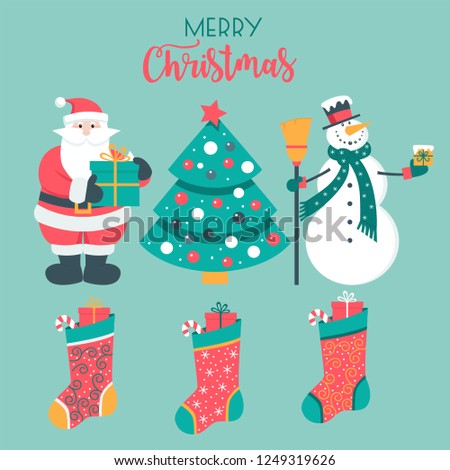 Christmas set with Santa, Tree, snowman and socks. Vector illustration. 