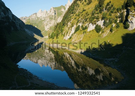 Mountains reflecting on a lake in the swiss mountains