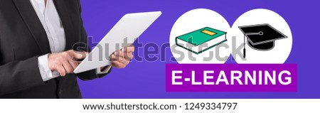 Woman using digital tablet with e-learning concept on background