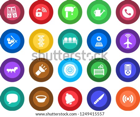 Round color solid flat icon set - plane radar vector, phone, waiting area, office binder, stamp, watering can, caterpillar, traffic light, remote control, message, bell, torch, sun panel, bowl