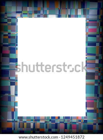 Vertical, rectangular frame with bluish colored, mosaic like segments, with a white, empty center