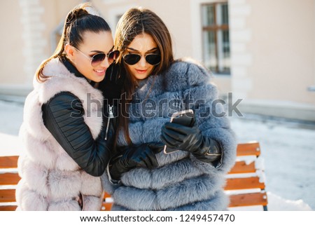 two elegant and magnificent girls in stylish fur coats walking in the winter park