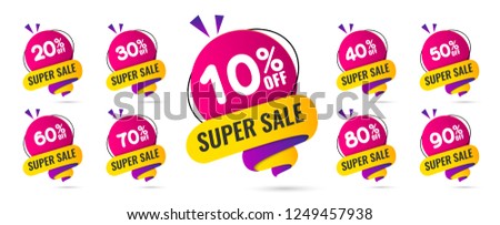 Sale tags set vector badges template, 10 off, 20 %, 90, 80, 30, 40, 50, 60, 70 percent sale label symbols, discount promotion flat icon with long shadow, clearance sale sticker emblem red rosette Royalty-Free Stock Photo #1249457938