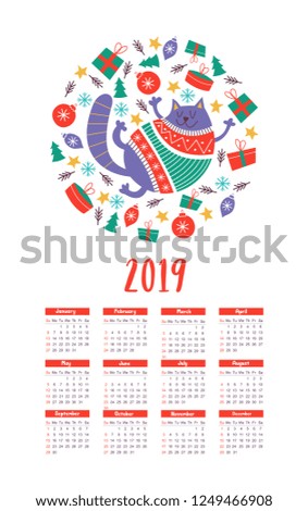 Vector calendar template 2019. Cute fat cat in a knitted sweater. Christmas toys and gifts.