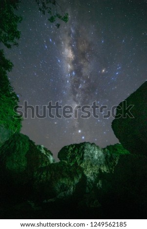 starry night at drini beach, wonosari, jogja, indonesia. 

with milky way clearly in night sky.