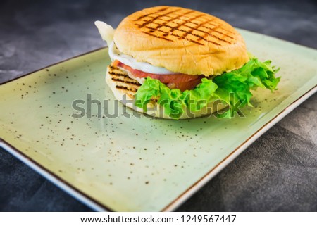 Delicious tasty hamburger with egg, lettuce and salmon fish