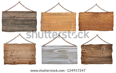 collection of  various wooden signs with chain on white background. each one is shot separately