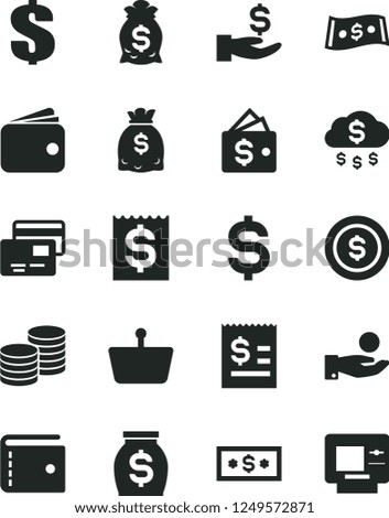 Solid Black Vector Icon Set - purse vector, dollar, cards, coins, shopping basket, denomination of the, article on, financial item, get a wage, catch coin, wallet, money, dollars, rain, bag, atm