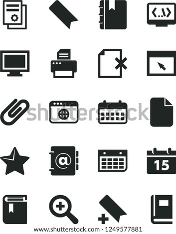 Solid Black Vector Icon Set - monitor window vector, add bookmark, zoom, book, calendar, star, notebook, address, delete page, clip, scientific publication, wall, printer, browser, coding, file