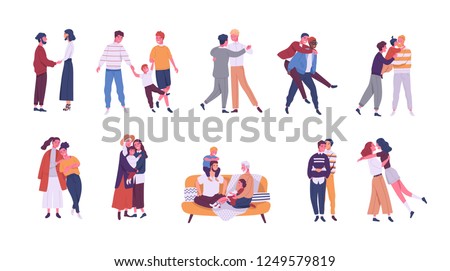 Collection of LGBT or couples and families with children. Bundle of male, female and transgender romantic partners isolated on white background. Vector illustration in flat cartoon style. Royalty-Free Stock Photo #1249579819